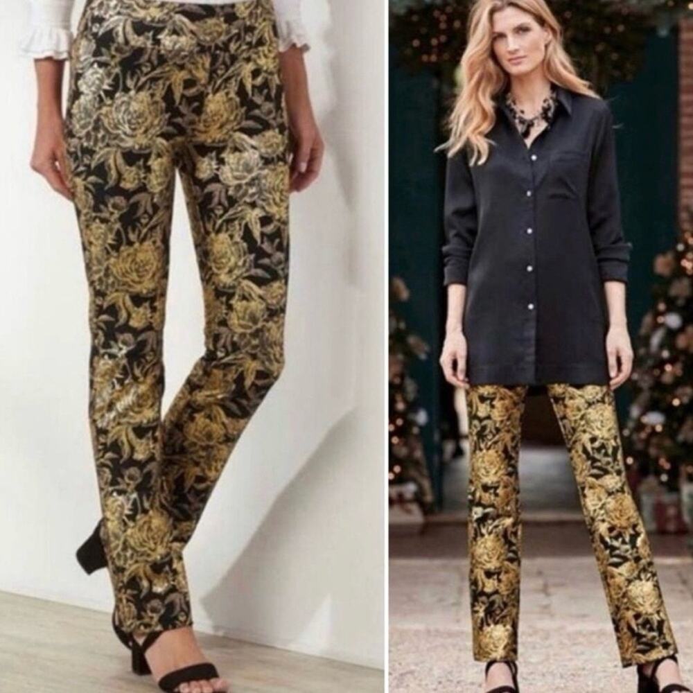 Soft Surroundings Moonstruck Metallic Gold Floral Pants, Size S (6-8) NWT